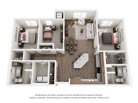 Floor plan for 3 beds, 2 baths, 1339 sqft
